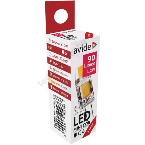 Avide LED 1.2W ,90lm ,G4, COB, NW ,2700K Meleg fehér